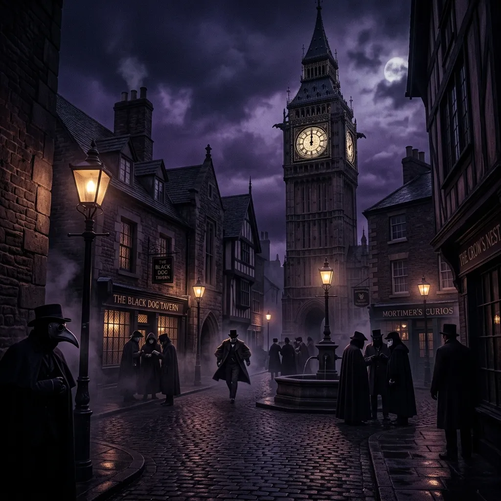 시계탑과 어둠 속에 숨은 인물들이 그려진 미스테리한 분위기의 썸네일