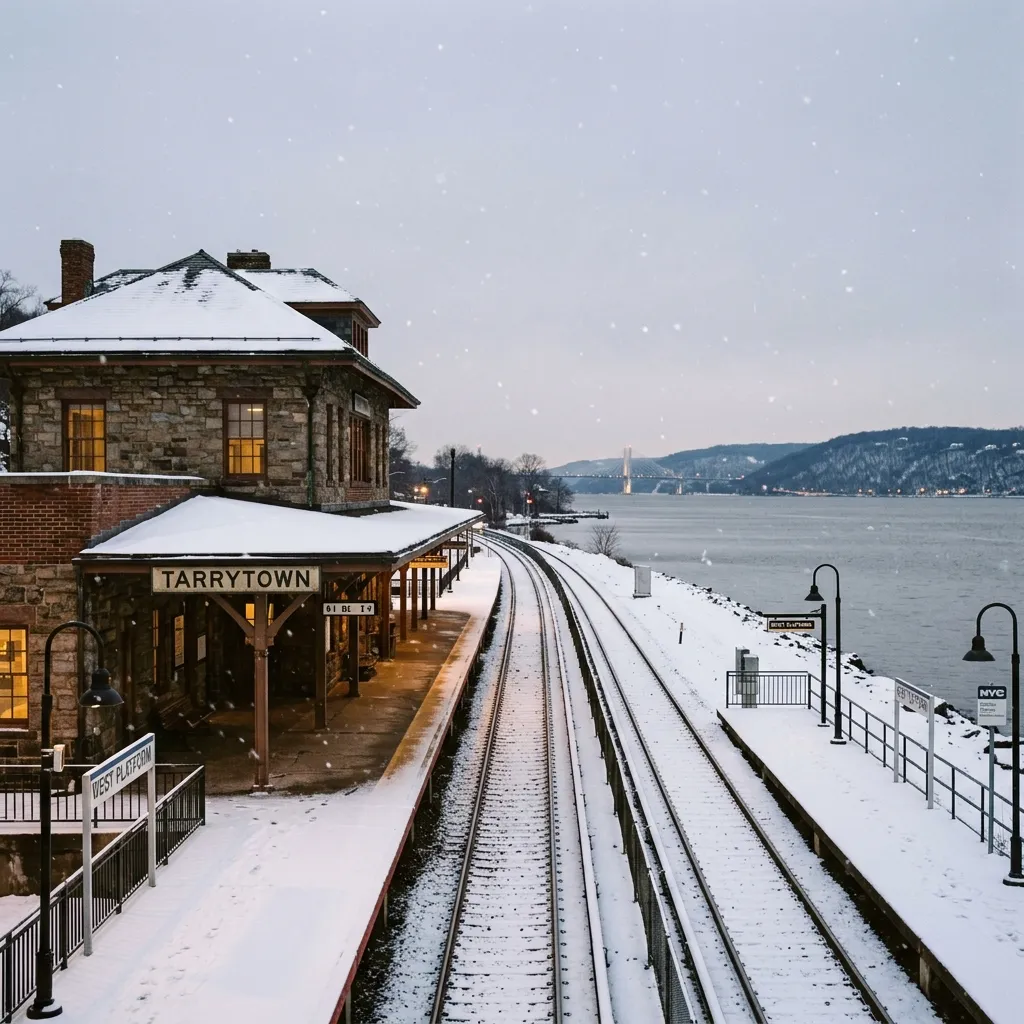 Snowy Tarrytown Train Station and Hudson River